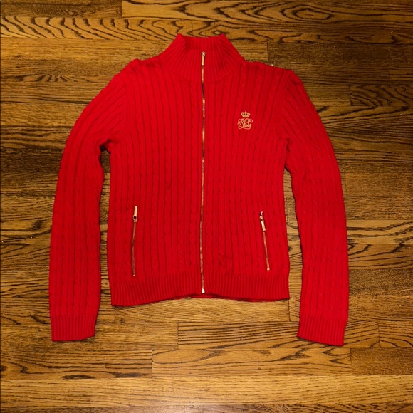 Lauren Ralph Lauren Sweaters - Lauren Ralph Lauren Red Cable-Knit Zip Sweater with Crest
